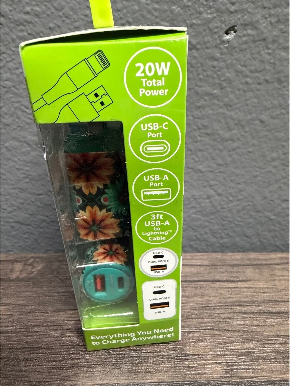20W Car Wall Charger Set 3ft Apple device Cable & 3ft USB C Flat Cord Floral Set